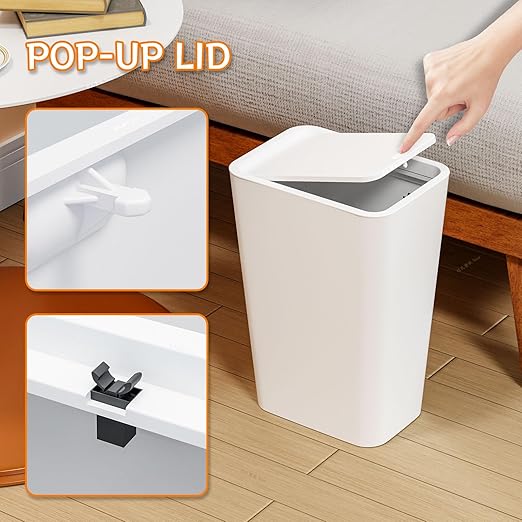 Yieach 12L White Slim Bathroom Trash Can with Lid,3.17 Gallon Pet/Dog Proof Kitchen Trash Can,Rectangle Thin Garbage Can,Covered Waste Basket,Narrow Small Plastic Trashcan for Room,Bedroom,Office,3PCS