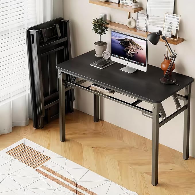 BYMECOST 39 inches Folding Computer Desk, No Assembly Long Foldable Office Table, Portable Large Foldable Home Office Desk, No Install Activity Table Conference Table (Black, 39.4")