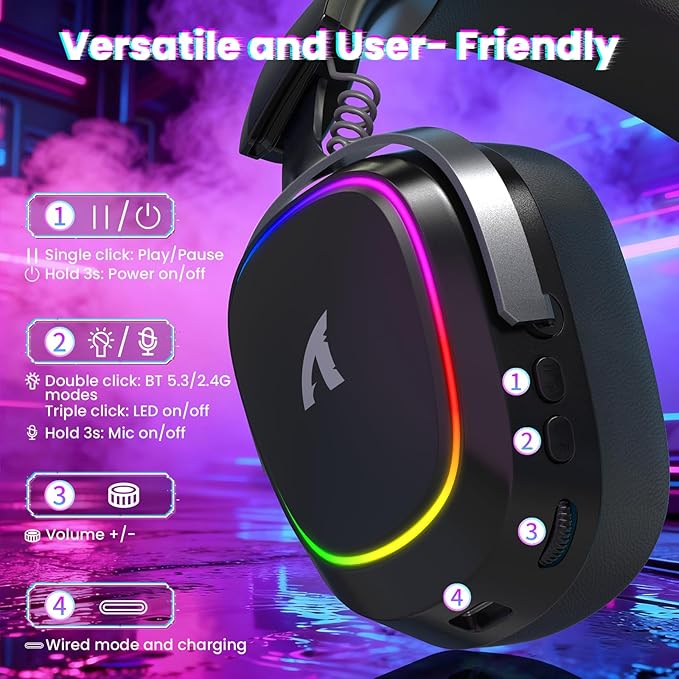 ATTACK SHARK G800 Wireless RGB Gaming Headset:7.1 Surround Sound-50mm Drivers-Memory Foam Ear Pads,Wired/2.4Ghz/BT,Ultralight,Durable Aluminum Frame,Detachable Mic,Programmable for PC Mac Gamer(Black)