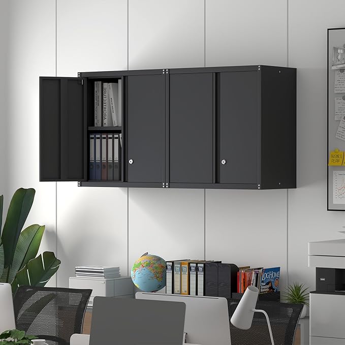 IRONFFICE Metal Storage Cabinet,Garage Wall Cabinets with Locking Doors,Black Metal Cabinet with Adjustable Shelf for Home Office,Utility Room