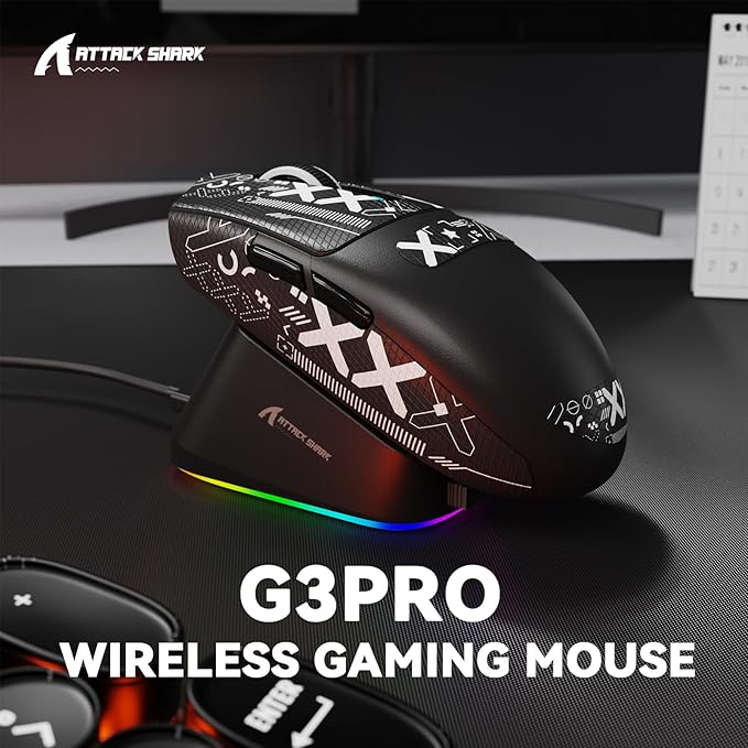 MAMBASNAKE ATTACK SHARK G3PRO Wireless Gaming Mouse with RGB Magnetic Charging Dock, Tri-Mode-2.4G/USB-C Wired/BT,25K DPI,PAW3311 Optical Sensor,59g Ultra Lightweight,Slip Grip Tape for PC/Mac(Black)
