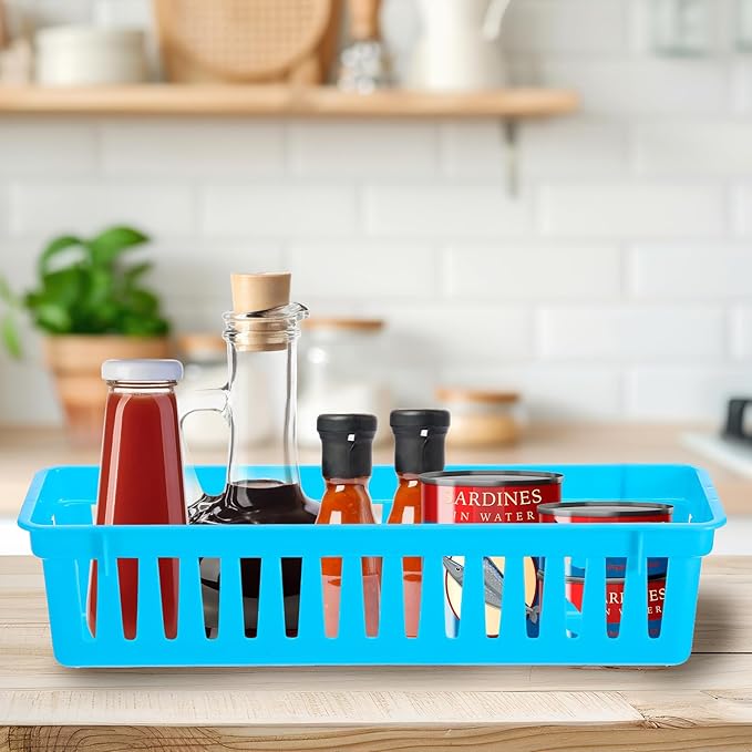 12 Pack Colorful Slim Plastic Storage Baskets Tray for Organizing, 10.24 x 3.15 x 2.36 Inch Small Slim Colorful Pencil Plastic Baskets for Desk Garage Cabinet Containers (6 Colors)