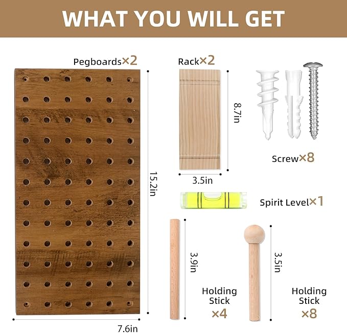 Brown & Beige Wood Pegboard Modular Display Wooden Pegboard Combination Wall Organizer Storage Wall Hooks Shelf for Home, Office, Bathroom, Comes with 4 Pieces Pegboards