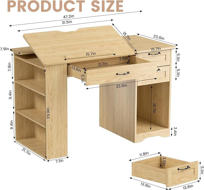 Crafting Table with Storage Cabinet & Drawers, Adjustable Drafting Table with Open Shelves, Drawing Computer Desk, Painting Desk, Workstation for Home Office Reading, Writing, Craftin