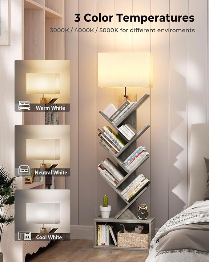 Evermagin 6 Tier Tree Bookshelf with Light, Narrow Bookcase Tower, Tall Floor Standing Book Shelf Organizer with Storage Cabinet for Living Room, Bedroom and Home Office, Gray