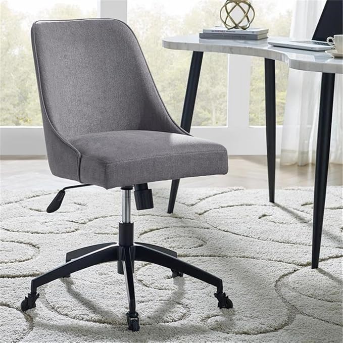 Pemberly Row Desk and Chair Set, 60 in White Marble Desk with Ebony Legs, Gray Upholstered Swivel Chair, Mid-Century Modern Office Set, Adjustable Chair for Home or Workspaces