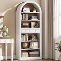 RALGEND Arched Bookshelf, 73" Tall Arch Bookcase with Drawers, 6-Tier Farmhouse Book Shelf, Wooden Bookshelf with Open Display Shelves for Living Room, Office, Adjustable Shelf, Walnut and White