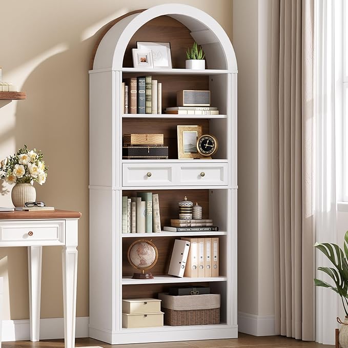 RALGEND Arched Bookshelf, 73" Tall Arch Bookcase with Drawers, 6-Tier Farmhouse Book Shelf, Wooden Bookshelf with Open Display Shelves for Living Room, Office, Adjustable Shelf, Walnut and White