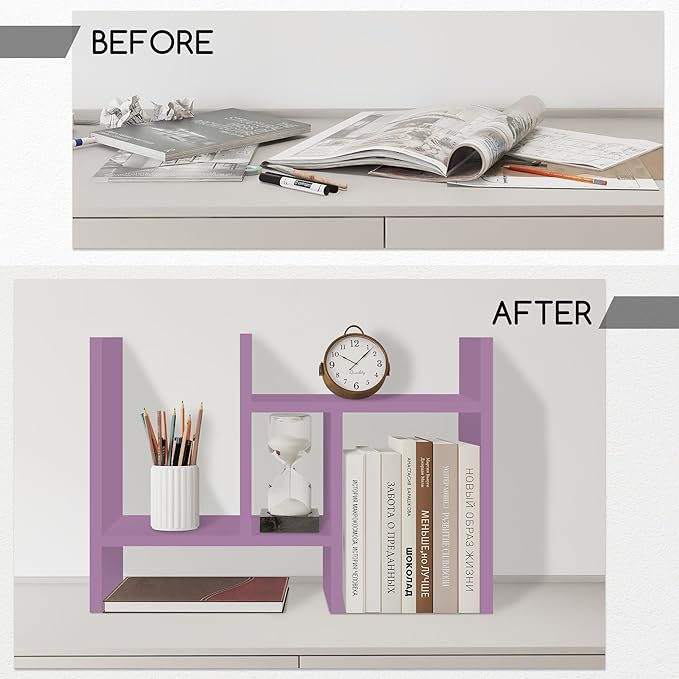 Jerry & Maggie Desktop Organizer Office Storage Rack Adjustable Wood Display Shelf Free Style Double H, Multi-Functional Mini Bookshelf for Desk Natural Stand (Violet/2 Pack)
