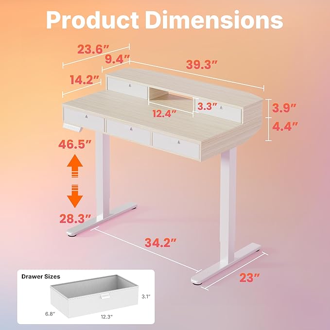 HUANUO 40 x 24 inch Electric Standing Desk with 4 Drawers, Adjustable Height Sit Stand Home Office Desk, C-Clamp Mount Compatible, Ergonomic Stand up Desk with 4 Preset Heights, Natural