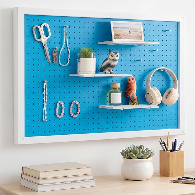 Weysat 36 x 24 Inch Decorative Wood Pegboard Wall Organizer with Frame Large Display Board Kit with 3 Shelves 18 Nails Aesthetic Board Wall Organizer Craft for Room, Office, Sewing (Blue)