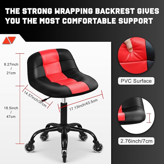 Rolling Shop Stool with Wheels, Rolling Stool with Back Support, 360° Swive Garage Chair, Height Adjustable Chair 330lb Heavy Duty for Spa Salon Massage Home Office Tattoo (Red)