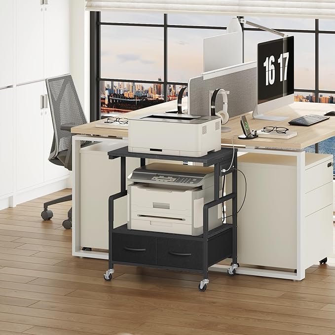 YATINEY Printer Stand, 3 Tier Printer Cart with Power Outlet and Fabric Drawers, Industrial Mobile Printer Table on Wheels, Printer Stand with Storage for Home Office, Study, Living Room PS03BB