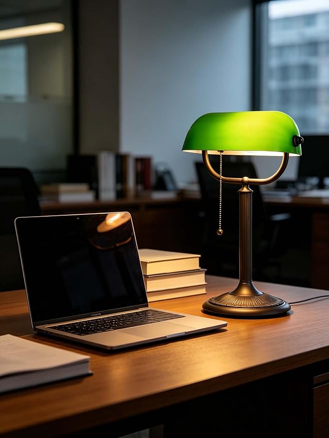 Newrays 1-Minute Quick-Change Shade Antique Green Glass Bankers Desk Lamp for Study, Office, Library,LED Bulb Included