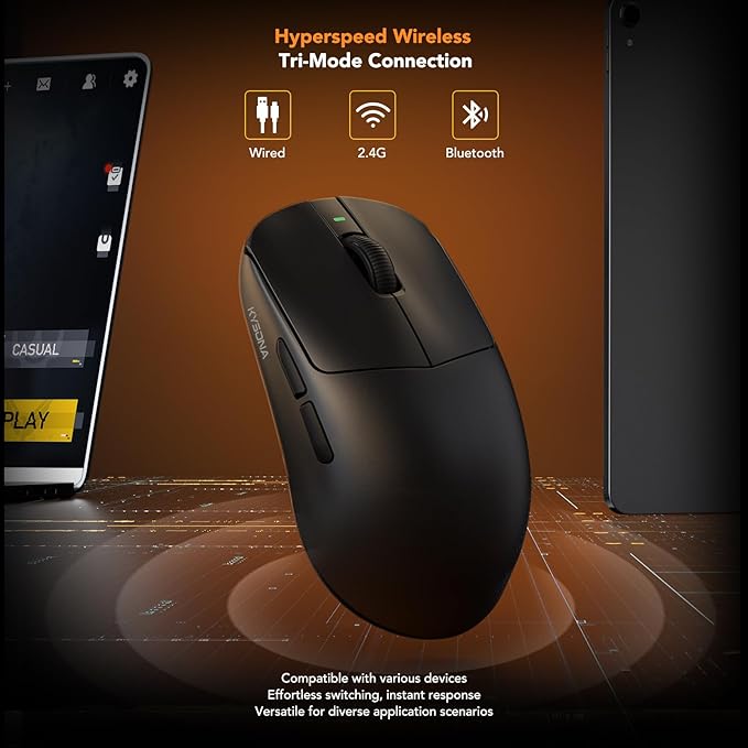 KYSONA Wireless Gaming Mouse with Charging Dock，Lightweight 42g, 24000 DPI, Wired/Bluetooth/2.4G Optical Mice, Long Battery Life, Compatible with PC/Mac - Black