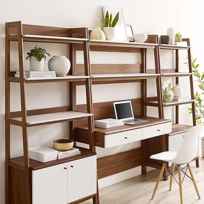 Modway 3-Piece Home Office Desk and Bookshelf Display Case in Walnut White