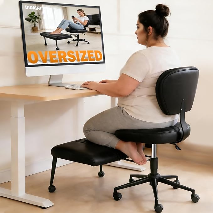 Ergonomic Cross Legged Office Chair with Footrest, 360° Swivel Height Adjustable PU Criss Cross Chair, Wide Seat & Back Support for Home Office, ADHD, Black
