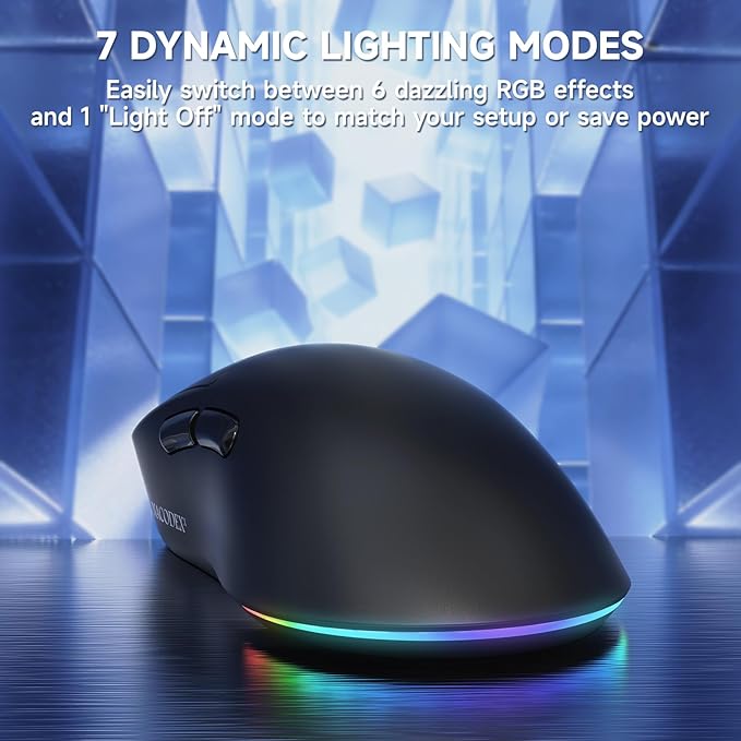 AJAZZ NJ08 Wireless Gaming Mouse 70g Lightweight, 12800 DPI, RGB Strip, 3-Mode Connection 2.4GHz/BT/Wired, 1000Hz Polling Rate, Ergonomic Right-Handed Design for PC, Mac, Windows, Laptop(Black)