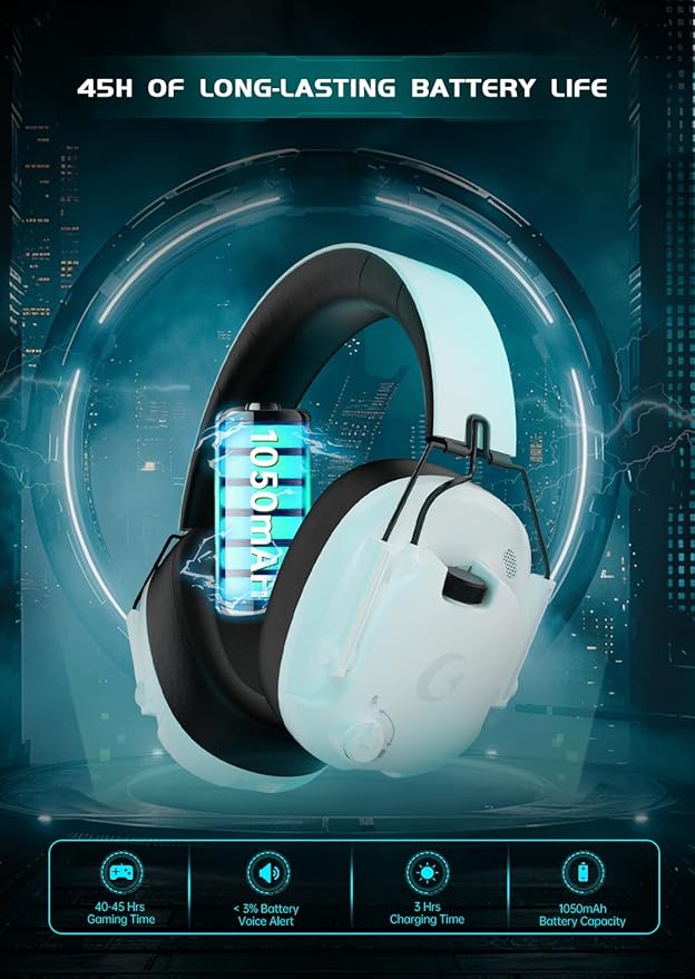 Wireless Gaming Headset for PS5, PC, PS4, Switch, Gaming Headset with Detachable Noise Cancelling Mic, 2.4GHz & Bluetooth 5.3 Dual Connection, 7.1 Surround Sound, White