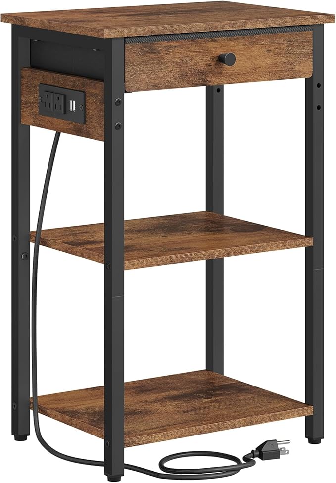 Gewudraw Printer Stand with Charging Station, 3-Tier Under Desk Printer Table, End Table with Storage Shelves for Home Office, Living Room,Bedroom,Bathroom,Brown