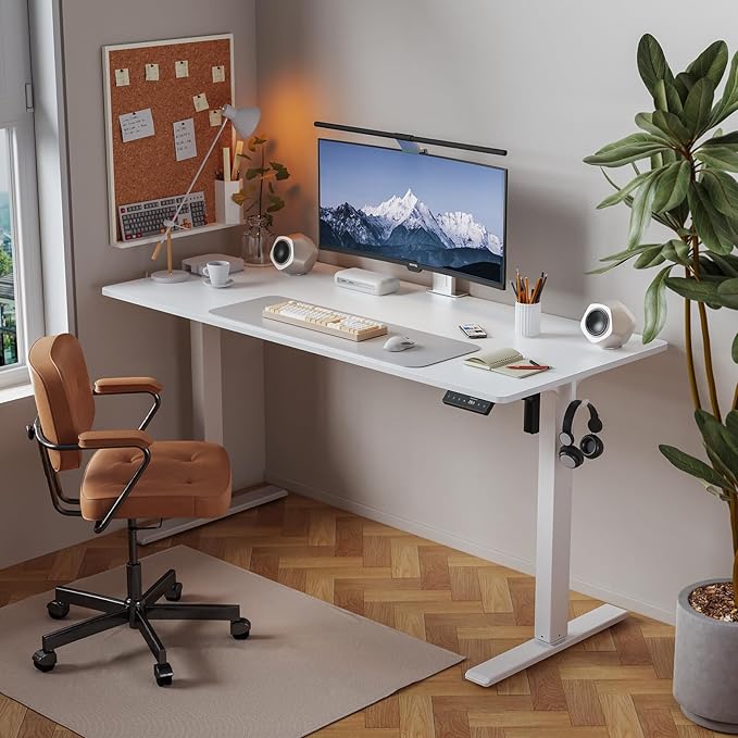 WALKINGDESK 48x24 Inches Height Adjustable Electric Standing Desk with 2 Hooks for Home Office, Ergonomic Sit Stand up Desk with Splice Board, White