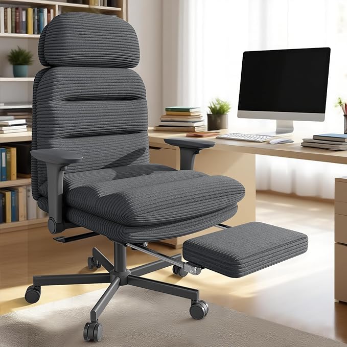 GXJ Criss Cross Chair with Flip-up Arms, Executive Office Chair with Foot Rest, Swivel Cross Legged Office Chair with Lumbar Pillow&Headrest, Corduroy Comfy Computer Desk Chair for Home, Black
