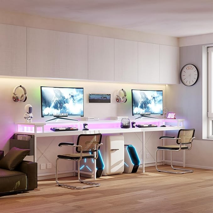 Jojoka U-Shaped Computer Desk with Power Outlets & RGB LED Lights - Reversible l-Shaped Office Desk, Full Monitor Stand, Modern Home Office Workstation, 600lbs Capacity 79",Game Desk, Multiple Colors