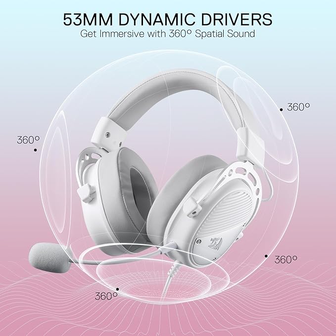 Redragon H730 USB Wired Gaming Headset - 53mm Drivers, 360° Spatial Sound, Detachable Noise-Canceling Microphone, Magnetic Replaceable Ear Cushions, Over-Ear Headphones Works for PC/PS4/PS5, White