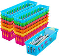 12 Pack Colorful Slim Plastic Storage Baskets Tray for Organizing, 10.24 x 3.15 x 2.36 Inch Small Slim Colorful Pencil Plastic Baskets for Desk Garage Cabinet Containers (6 Colors)