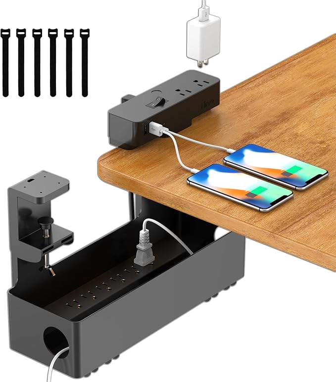 Hiree Under Desk Cable Management Tray with 8 AC Outlets, 2 USB & 1 USB-C Ports - Clamp Mount Storage Basket Organizer, No Drill Cord Storage Organizers for Standing Desk Home Office（Black）
