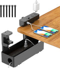 Hiree Under Desk Cable Management Tray with 8 AC Outlets, 2 USB & 1 USB-C Ports - Clamp Mount Storage Basket Organizer, No Drill Cord Storage Organizers for Standing Desk Home Office（Black）