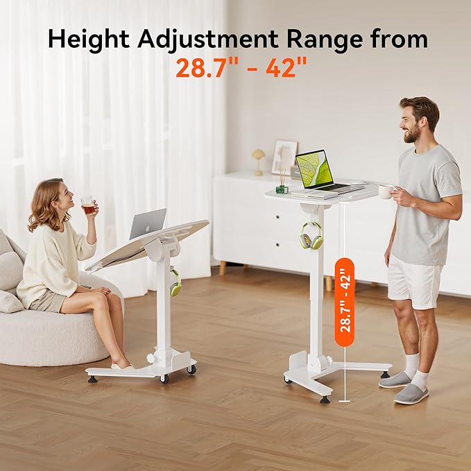 WALKINGDESK Foldable Pneumatic Height Adjustable Mobile Standing Desk with 90° Tiltable Tabletop, 27.2x18.9 Inch Portable Laptop Desk with Wheels, Holds Up to 66.1lbs for Home Office, Study, White