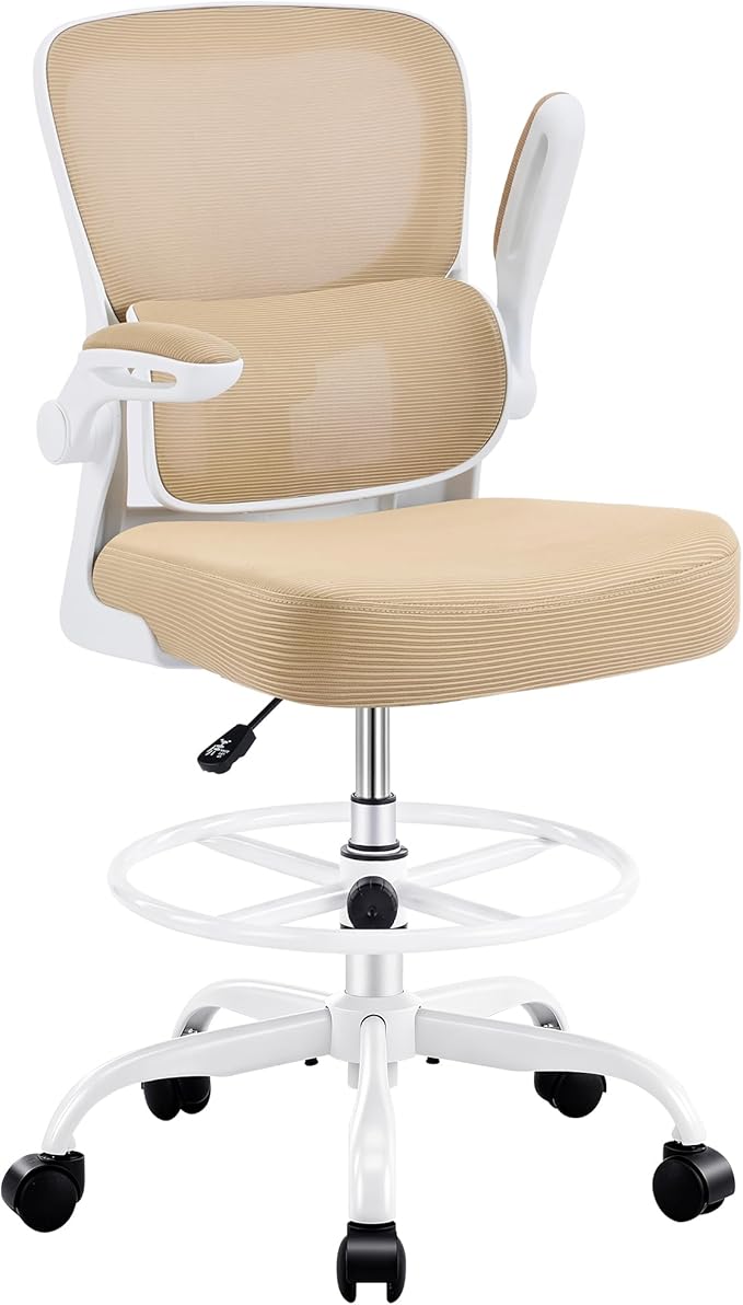 AreShark Drafting Office Chair - Ergonomic Tall Office Chair with Adjustable Footrest Ring - Counter Height Adjustable Rolling Standing Desk Chair with Lumbar Support and Flip-up Armrests for Home