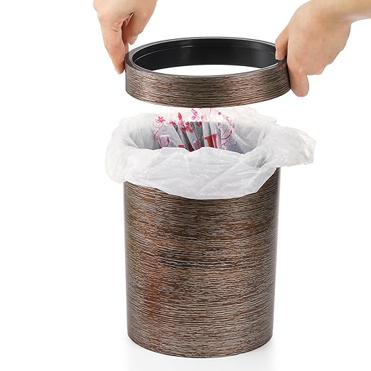 Noamus 3 Pack Vintage Small Trash Can, 1.7 Gallon Plastic Round Wastebasket, Hipsteen Retro Style Garbage Can, Wood Grain Garbage Bin with Top Ring to Fix Bag for Home Kitchen Office Bathroom