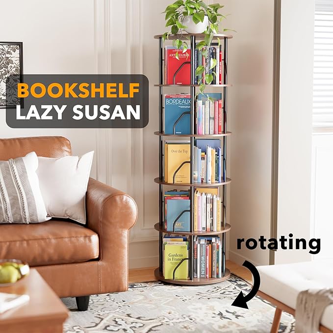 SpaceAid 5 Tier Rotating Bookshelf Tower, 360 Display Stackable Spinning Bookcase, Space Saving Revolving Round Book Shelf, Floor Standing Swivel Corner Organizer, Brown Wood