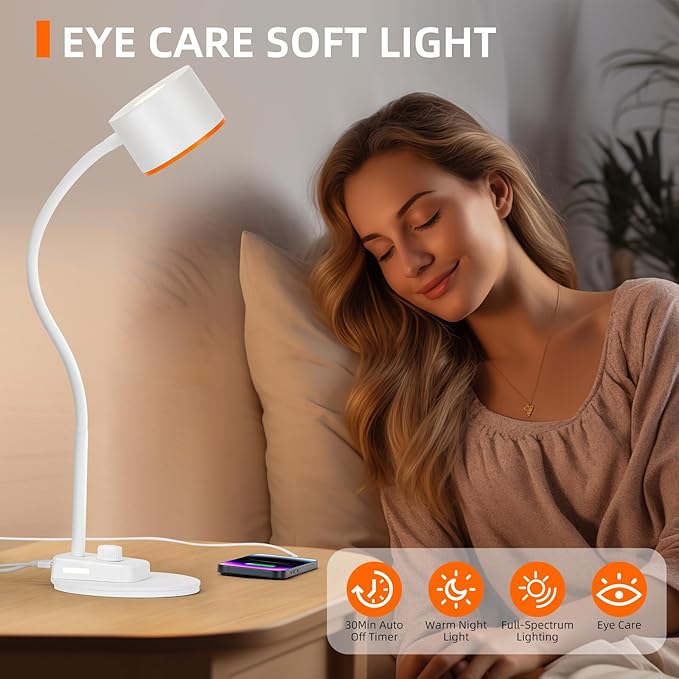 LiFMIRA LED Desk Lamp, 1200LM for Home Office, Fully Dimmable Bedside Reading Lamp with USB C + A Charging Ports, 5 Colors, 12W Gooseneck Lamp, Metal Small Table Lamps for Bedroom Living Room White