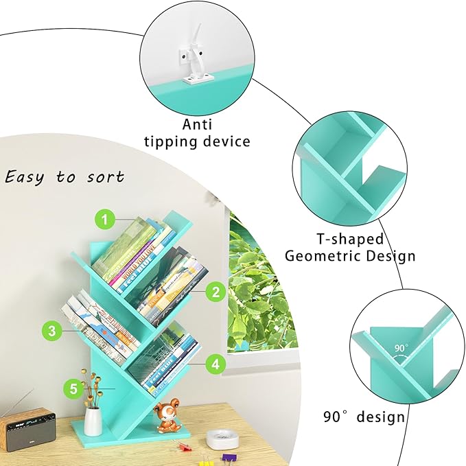 SHEEPAM 5 Tier Tree Book Shelf, Small Desktop Bookshelf with Storage Organizer, Wood Bookcase, Desk Display Bookshelves, Floor Standing Organizer Bookcases for Living Room,Bedroom,Office-Green
