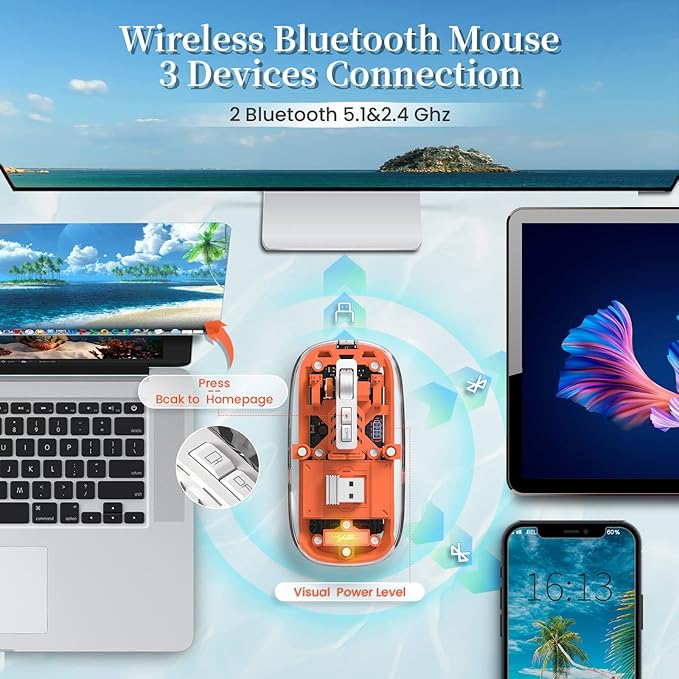 A.JAZZ Wireless Bluetooth5.1&2.4G Mini Lightweight Mouse,Transparent Clear Cool,Rechargeable Silent Computer Mice,Nano USB C Receiver,LED Battery Magic Silm For Office/PC/Mac/Laptop/Apple/ipad(Orange)