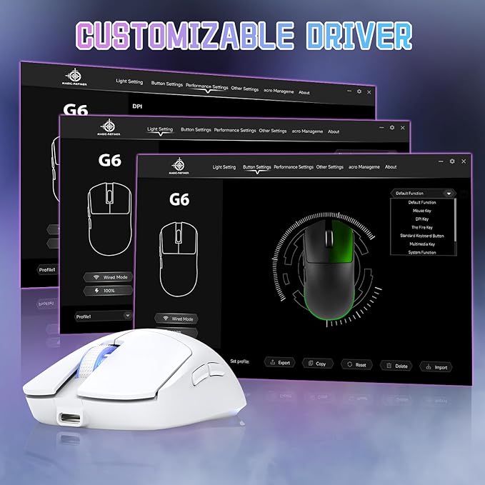 MAGIC-REFINER G6 Wireless Gaming Mouse,24000 DPI Adjustable,72g Lightweight Mouse,1000Hz Polling Rate,Tir-Mode BT/2.4G/ Wired Gaming Mouse,750mAh Battery,with Grip Tape for Gamer/Office/PC/Mac,White