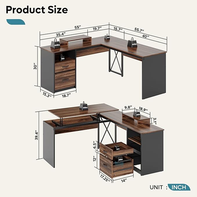 Bestier L Shaped Standing Desk with Lift Top, 55" x 55" Standing Corner Desk for Home Office, Computer Desk with Reversible File Drawer and Monitor Stand, Walnut