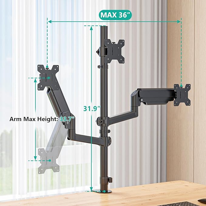 WALI Triple Monitor Mount for 13-34 inch Screens, Taller 3 Monitor Desk Mount, up to 19.8lbs, 31.9 inch Height Max, Adjustable Triple Monitors Stand, VESA 75/100mm (GSDM003S), Black