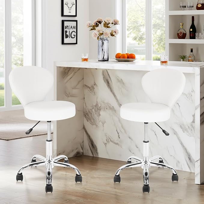 KLASIKA Set of 2 PVC Faux Leather Rolling Swivel Salon Stool Chair with Back Support Adjustable Hydraulic Seat Height 22 in Diameter 15 Inch for Facial Spa Medical Tattoo Beauty Barber White 2 Pack