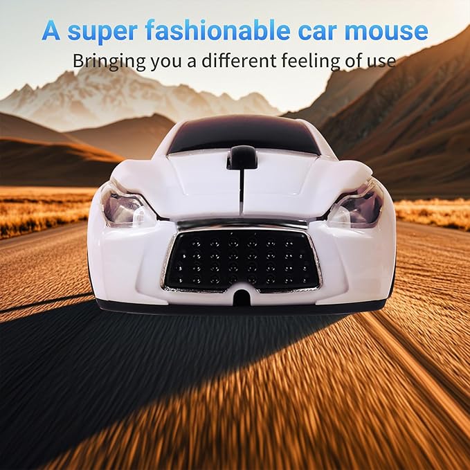 elec Space Wireless Mini Mouse with Case - Cute Sports Car Shape, Lightweight & Portable, 10m Range, Plug and Play (White)
