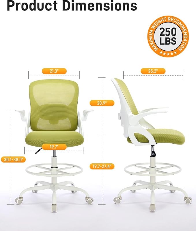 LukkDys Drafting Chair with 4D Multi-Adjustable Backrest, Tall Office Chair 19.7"-27.6" Seat Height, Ergonomic Standing Desk Chair with Flip-up Arms, Foot Ring, Green&White