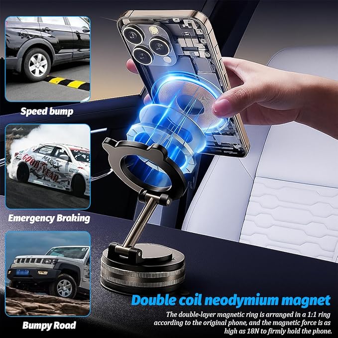 Vacuum Magnetic Suction Car Phone Holder, 360° Adjustable Foldable Strong Grip Cellphone Mount for Smooth Surface, Hands-Free Mobile Phone Stand, Universal for Most Smartphones (Black)