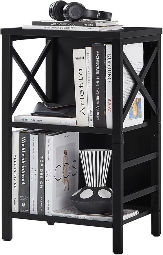 MNEETRUNG Small Bookshelf,3 Tier Industrial Bookcase with Metal Frame and Backboard,Low Black Book Shelf,Book case for Small Spaces,Living Room,Bedroom and Home Office