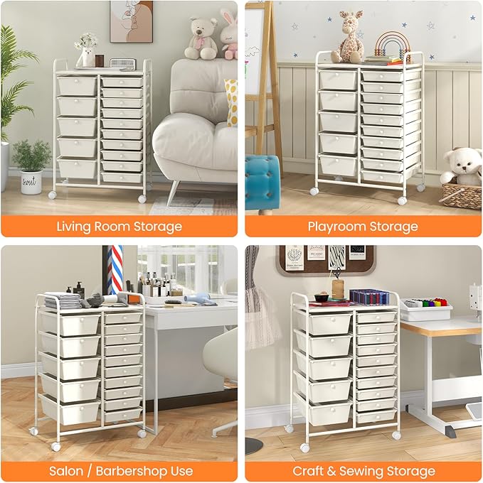 Moccha 15-Drawer Rolling Storage Cart - Under Desk Storage Drawers with wheels for Craft Art Supply Paper Salon, Scrapbook Paper Tools, Mobile Utility Cart for Classroom (15 Drawers, White)