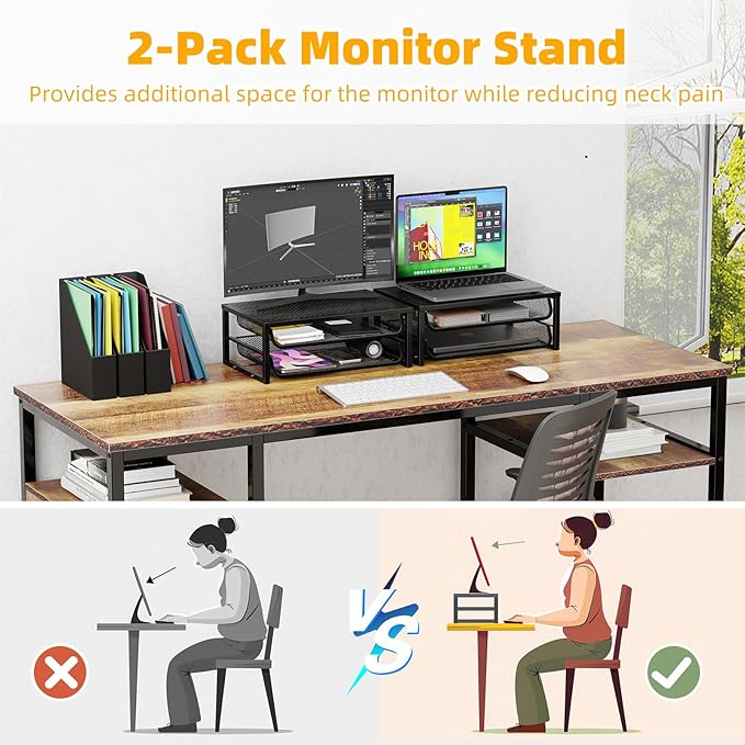 Ekisemio 2 Pack Desk Organizer and Accessories, 2-Tier Metal Computer Monitor Stand Riser with Drawer, Desk Accessories & Workspace Organizers for Home Office Supplies, Black