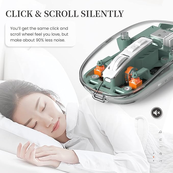 A.JAZZ Wireless Bluetooth5.1&2.4G Mini Lightweight Mouse,Transparent Clear Cool,Rechargeable Silent Computer Mice,Nano USB C Receiver,LED Battery Magic Silm for Office/PC/Mac/Laptop/Apple/ipad(Green)