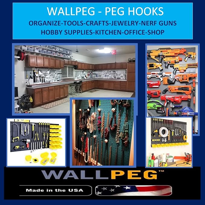 WallPeg 100Pcs Pegboard Accessory Peg Hook Set – Durable, Self-Locking Black 1/4" J-Style FlexLock Peg Hooks for Hanging Tools, Storage, and Wall Organization